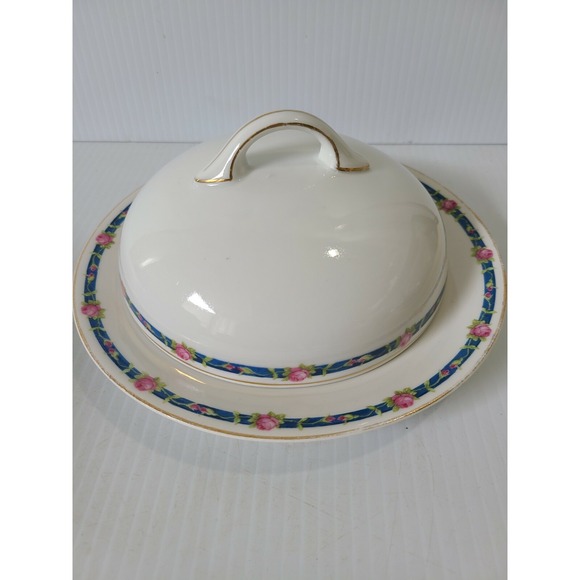 Other - J&C Bavaria China Round Butter Dish with Lid Pink Roses Blue Ribbon
